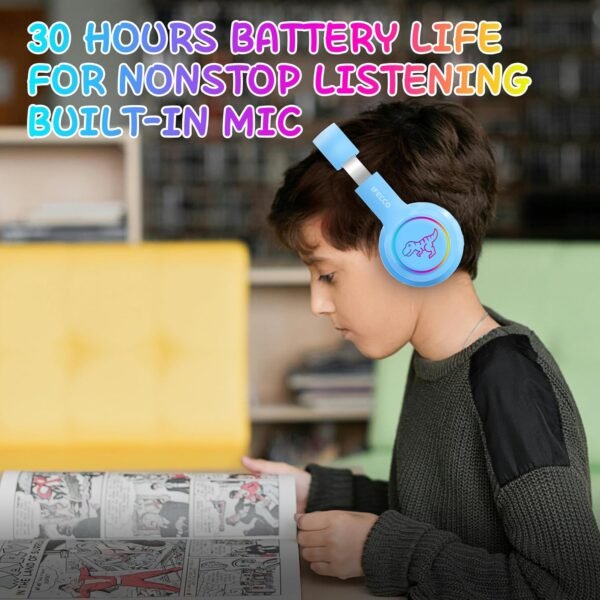 IFECCO Bluetooth Kids Boys Headphones with Microphone,Cute Light Up Dinosaur Children Wireless Headphones Volume-limiting for School Travel,Boys Gifts for 3-12years - Image 5