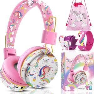 QearFun Unicorn Bluetooth Headphones for Girls - with Microphone & 3.5mm Jack, Adjustable Headband for Kids Teens Toddlers, School iPad Tablet PC Smartphones Compatible (Pink)