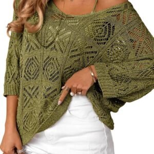 Dokotoo Women's 2025 Spring Summer Crochet Hollow Out 3/4 Sleeve Pullover Sweater Off Shoulder T-Shirts