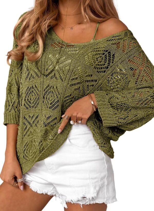 Dokotoo Women's 2025 Spring Summer Crochet Hollow Out 3/4 Sleeve Pullover Sweater Off Shoulder T-Shirts