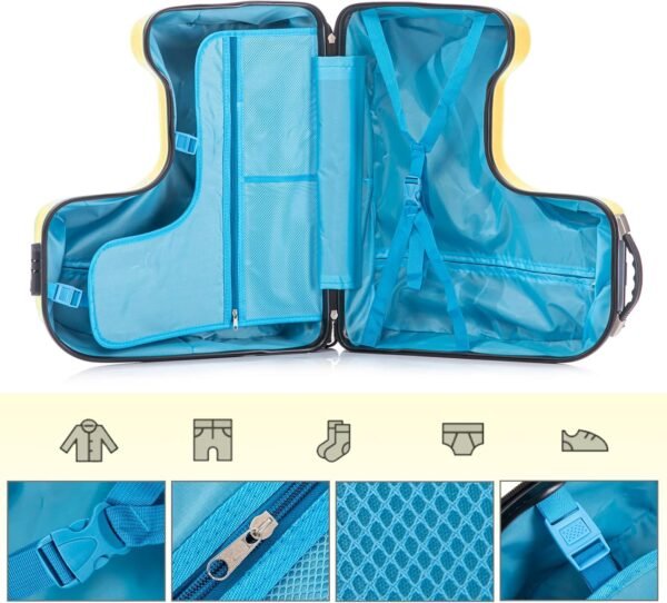 22 inch Kids Ride On Luggage with Safety Belt,Travel Luggage for Child with Combination Lock,Tollder Luggage with Spinner wheels and Cover (Yellow) - Image 6