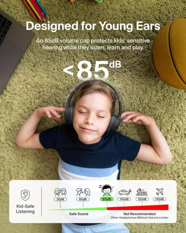 Belkin SoundForm Mini Kids Wireless Headphones w/Built-in Microphone, 30H of Playback Time, & Fun Stickers - Over-Ear Headsets for Online Learning, School, Travel, iPhone, iPad, Galaxy & More - Black - Image 2