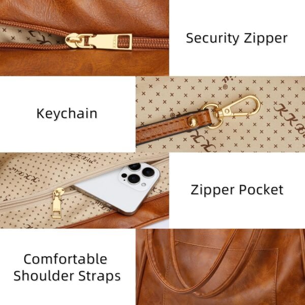 KKXIU Large Tote Bag for Women with Zipper Work Leather Travel Purse and Handbags - Image 3