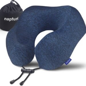 napfun Neck Pillow for Traveling, Upgraded Travel Neck Pillow for Airplane 100% Pure Memory Foam Travel Pillow for Flight Headrest Sleep, Portable Plane Accessories, Full Dark Blue, Medium (120-200LB)