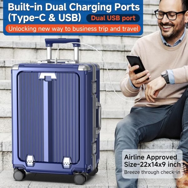Airline Approved Carry On Luggage with Spinner Wheels,Aluminum Framed Carry On Suitcase with Front Laptop Compartment/Cup Holder,22×14×9 inch Checked-in Luggage with Flexible Handle (Blue) - Image 4
