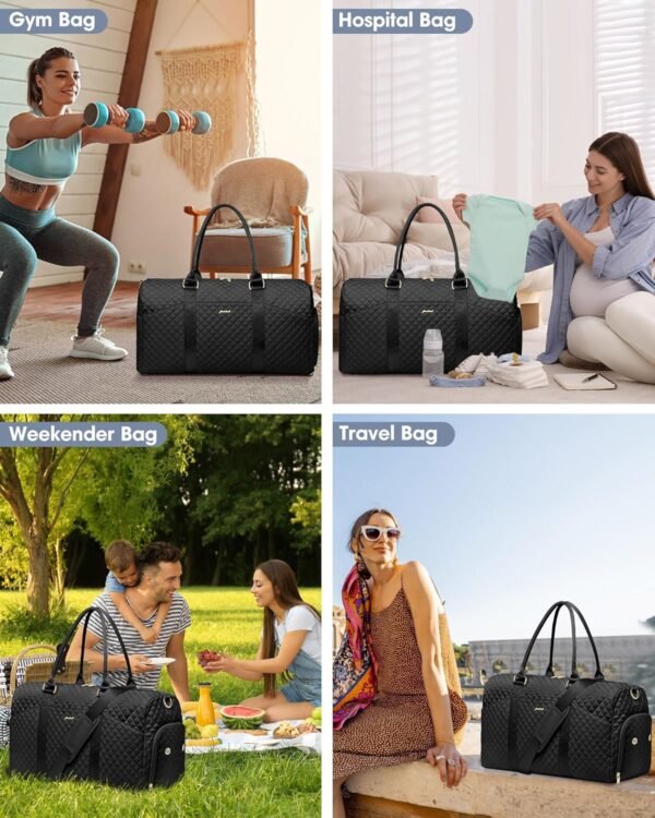 Women Weekender Travel Duffle Bag: Travel Duffel Overnight Bags with Shoe Compartment Large Carry on Tote Bag with Toiletry Bag Weekend Traveling Yoga Gym Hospital Bag for Women with Wet Pocket Black - Image 8