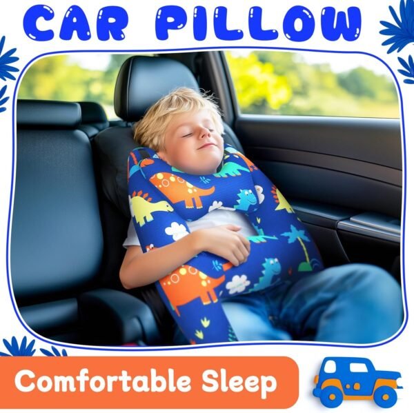 Car Pillow for Kids, H-Shape Car Back Seat Kids Travel Pillow for Sleeping, Adjustable Neck, Head, and Body Support Cushion for Long Trips, Travel Car Seat Pillow for Children(Blue Dinosaur) - Image 2