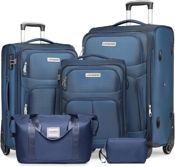 LARVENDER Luggage Sets 5 Piece Softside Expandable Suitcases Set with Spinner Wheels TSA Lock, Lightweight Soft Shell Rolling Travel Luggage Set Clearance for Men and Women, Navy Blue