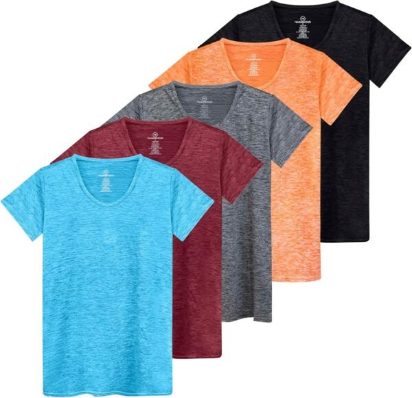 Real Essentials 5 Pack: Women's Dry Fit Tech Stretch Short-Sleeve Crew Neck Athletic T-Shirt (Available in Plus Size)