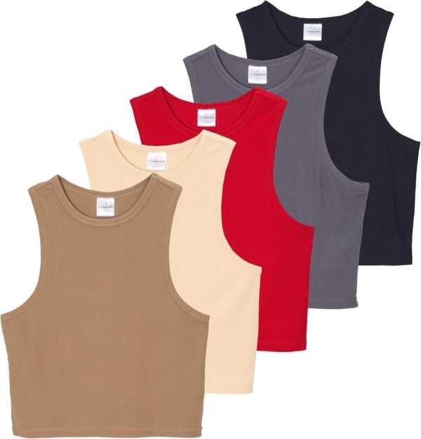 Real Essentials 5 Pack: Women's Ribbed Sleeveless Cropped Racerback Tank Top Casual Crop Top