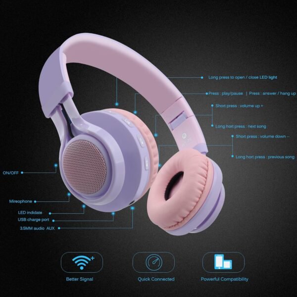 Riwbox WT-7S Kids Bluetooth Headphones Light Up, Foldable Stero Wireless Headset with Microphone and Volume Control for PC/Tablet/TV/Travel (Purple) - Image 3
